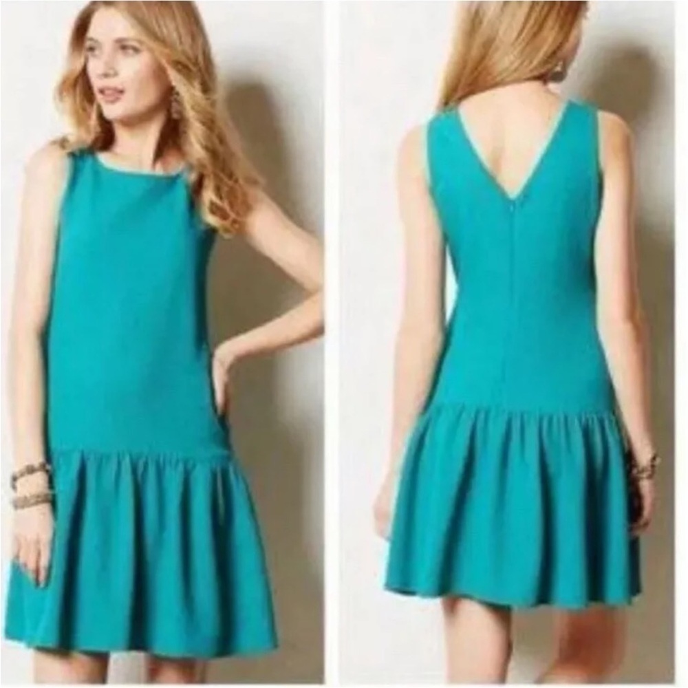 Anthropologie Maeve‎ Mulligan Teal Drop Waist Ruffle Hem Shift Dress
